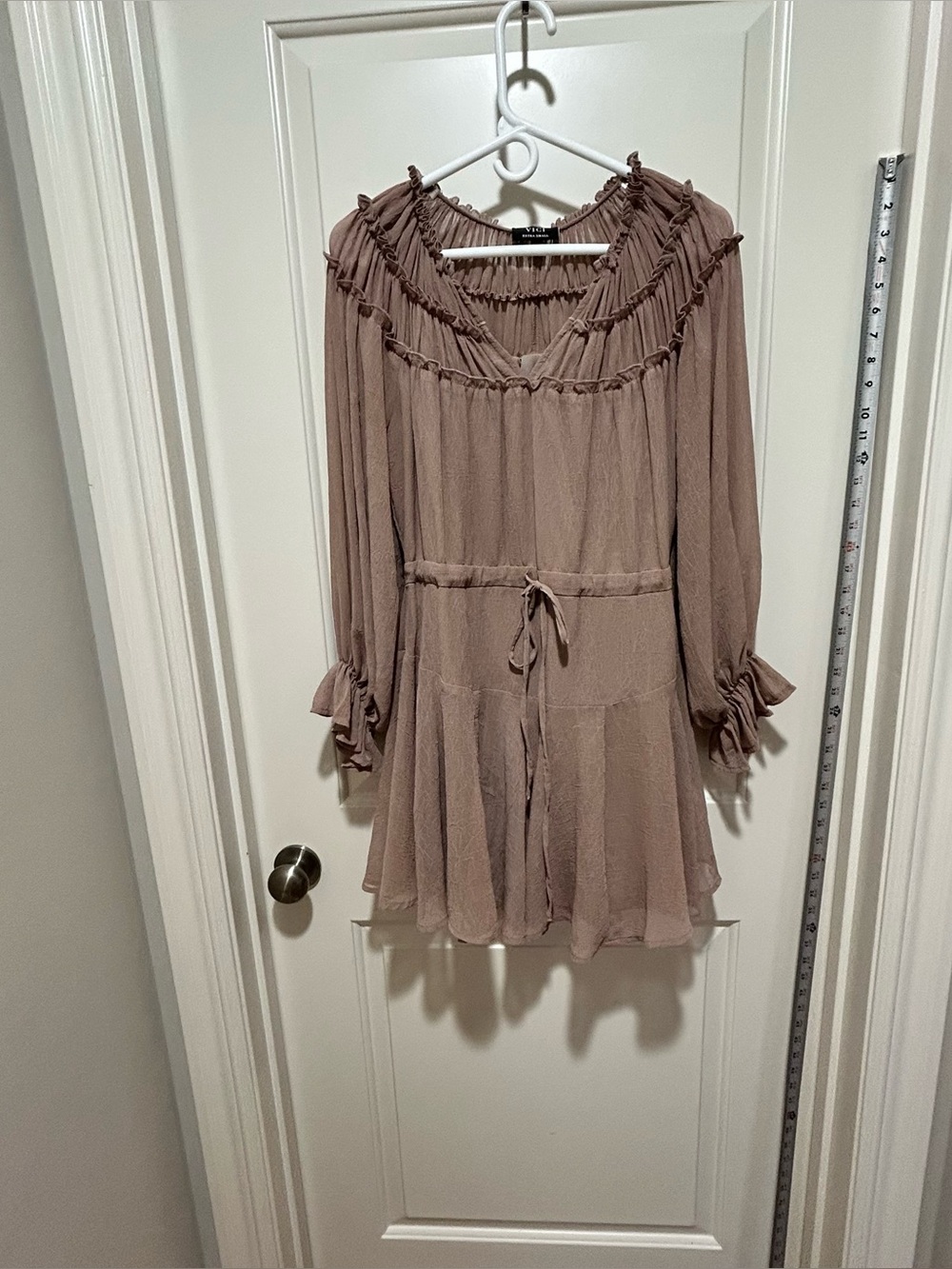 VICI Women’s size XS Ruffle-Trim Long Sleeve Midi Dress in Taupe. Sheer sleeves